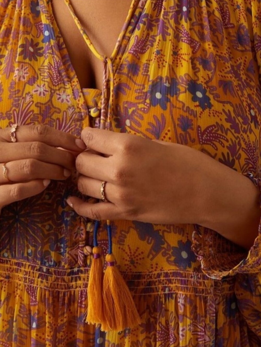 Anthropologie Mustard Yellow/Lavender Floral Tiered Maxi Dress. Size Medium NWT - Picture 2 of 15